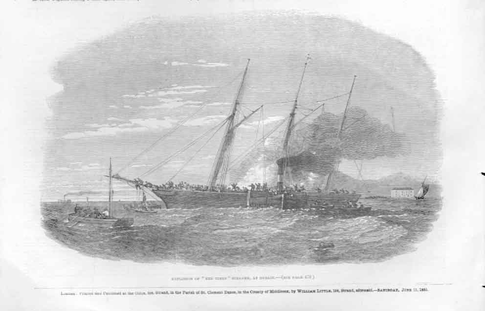 Original Old Antique Print Explosion Ship The Times At Dublin Ireland 1853
