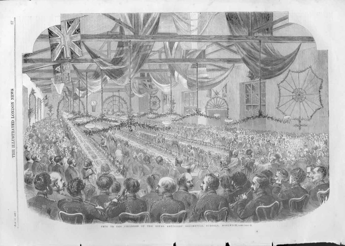 Original Old Antique Print Fete Children Royal Artillery School Woolwich 1859