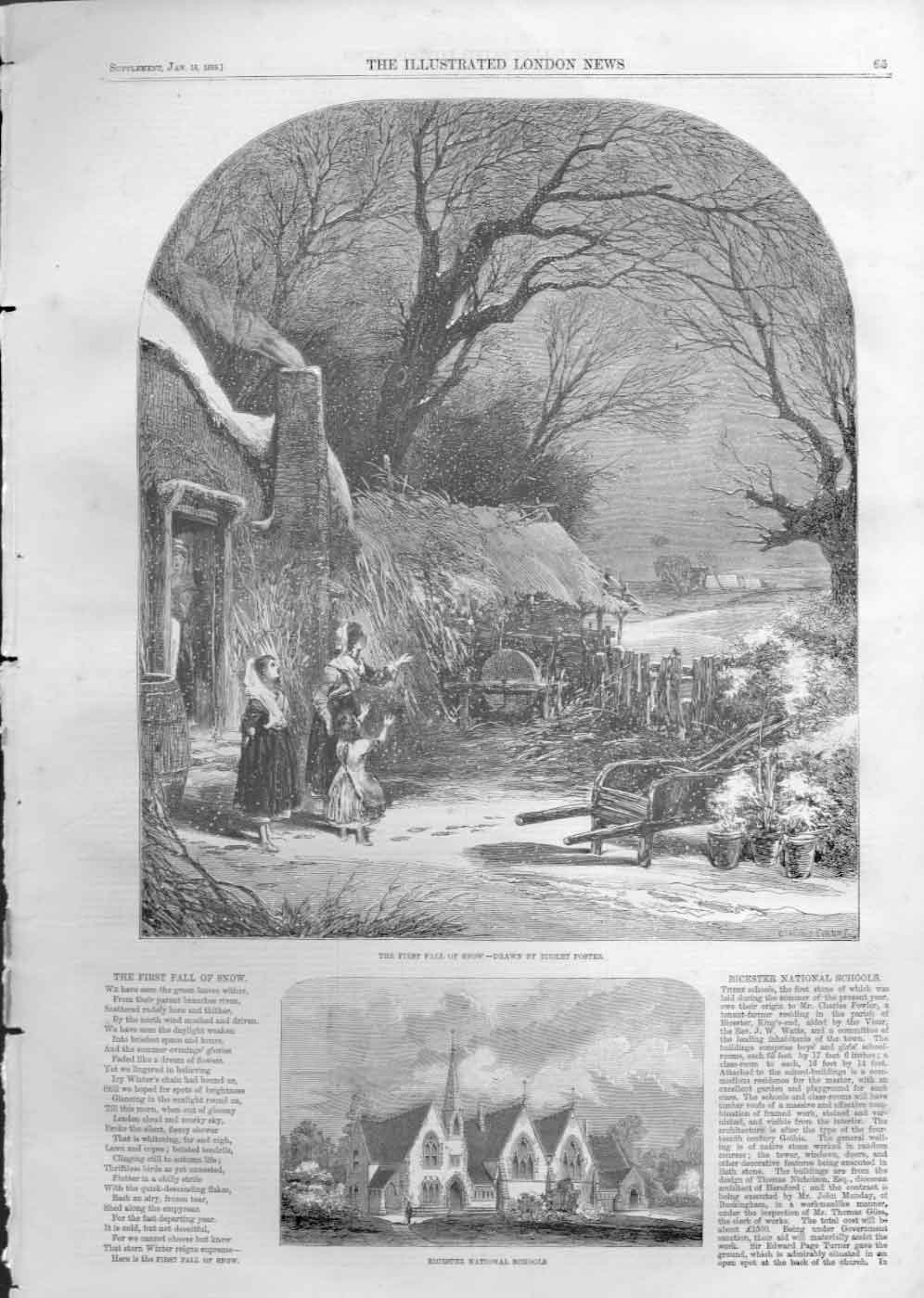 Original Old Antique Print First Fall Snow By Birket Foster Fine Art 1859 0 19th