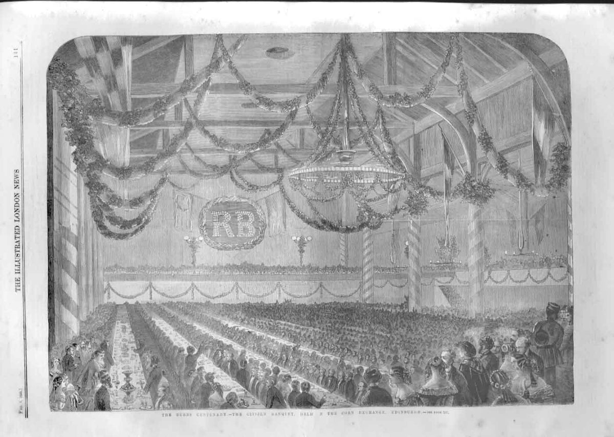 Original Old Antique Print Burns Centenary Banquet Corn Exchange Edinburgh 1859