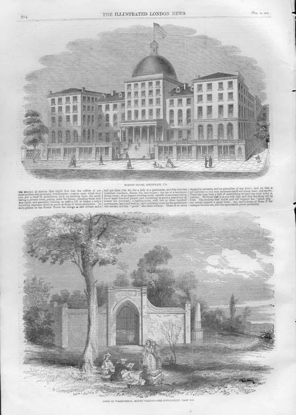 Original Old Antique Print Burnet House Cincinnati Washington Tomb Mount Verno A