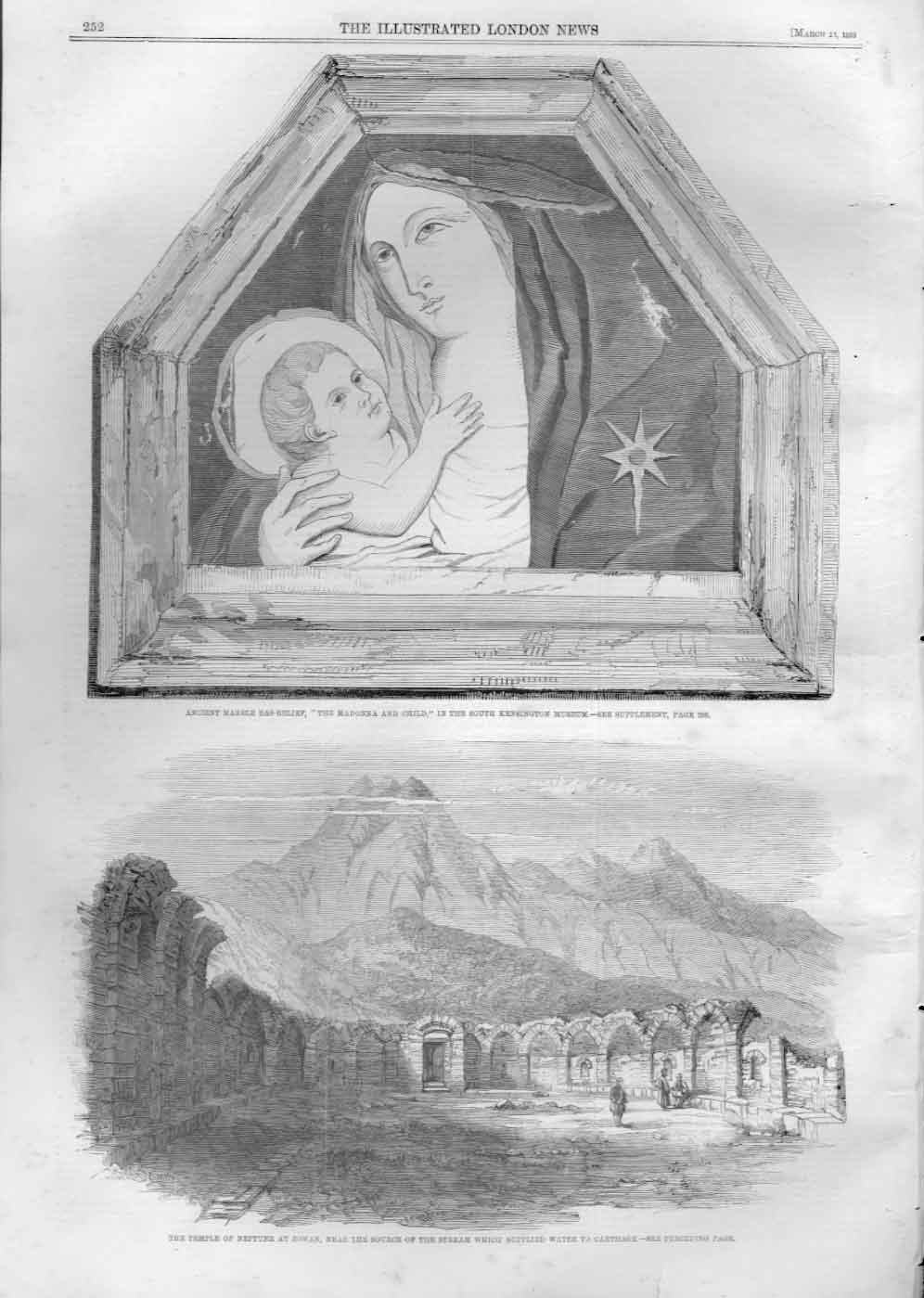 Original Old Antique Print Madonna & Child & Temple Neptune Carthage A