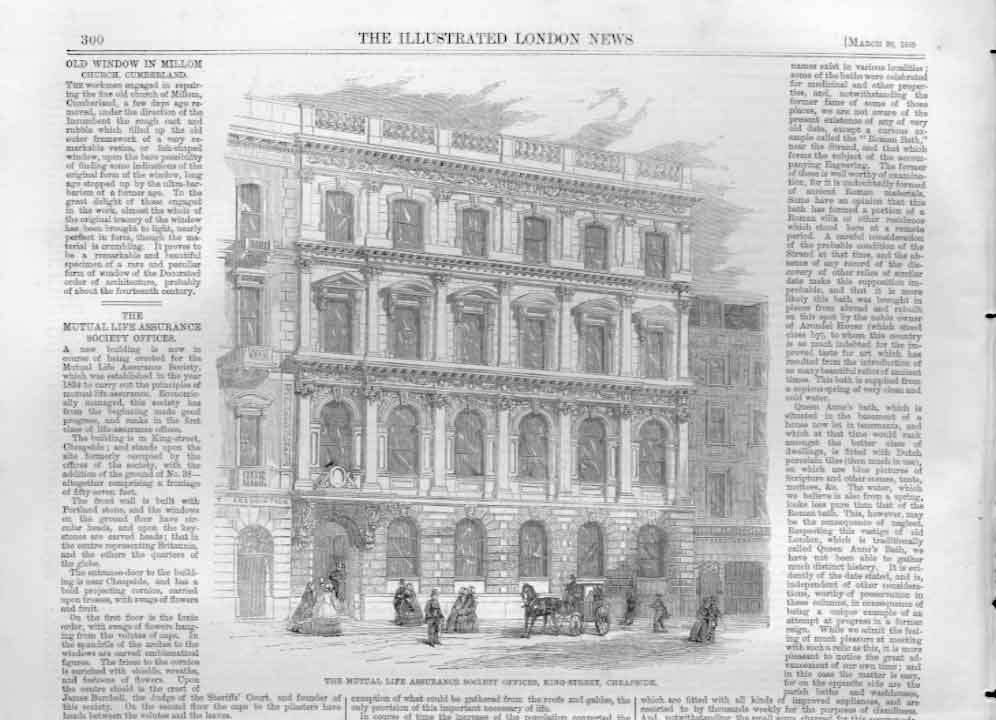 Original Old Antique Print Mutual Life Assurance King St Cheapside London 1859 A