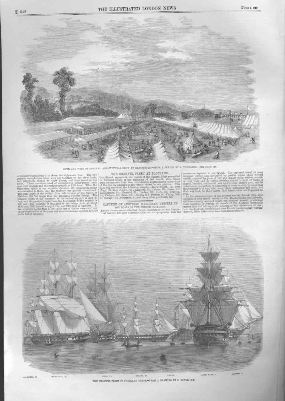 Original Old Antique Print Bath Show Barnstaple 1859 & Ships In Portland Roads
