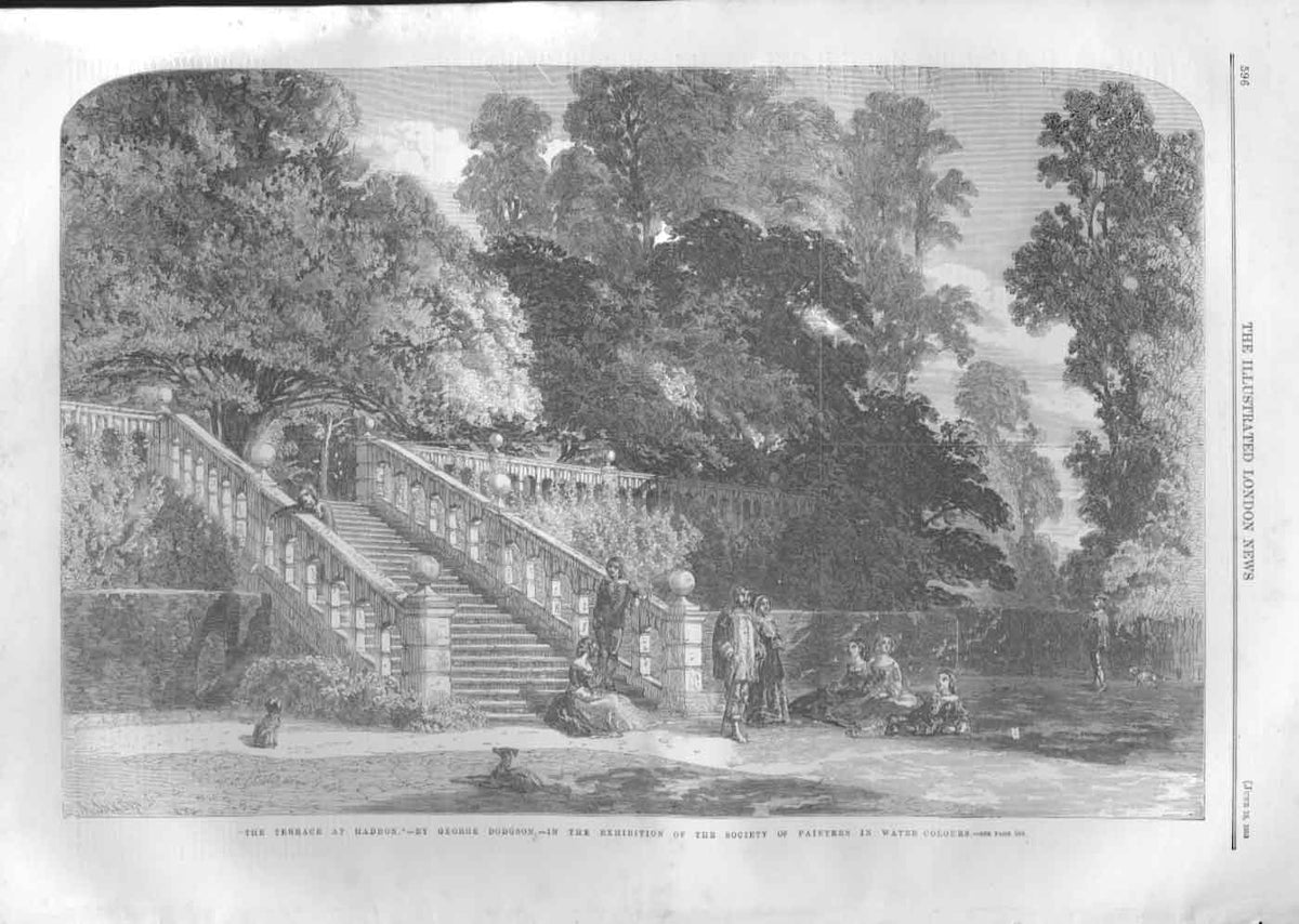 Original Old Antique Print The Terrace At Haddon Derby 1859 19th
