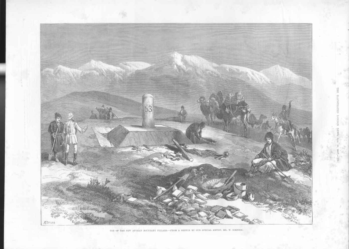 Original Old Antique Print *53 New Afghan Boundry Pillar 1887 A