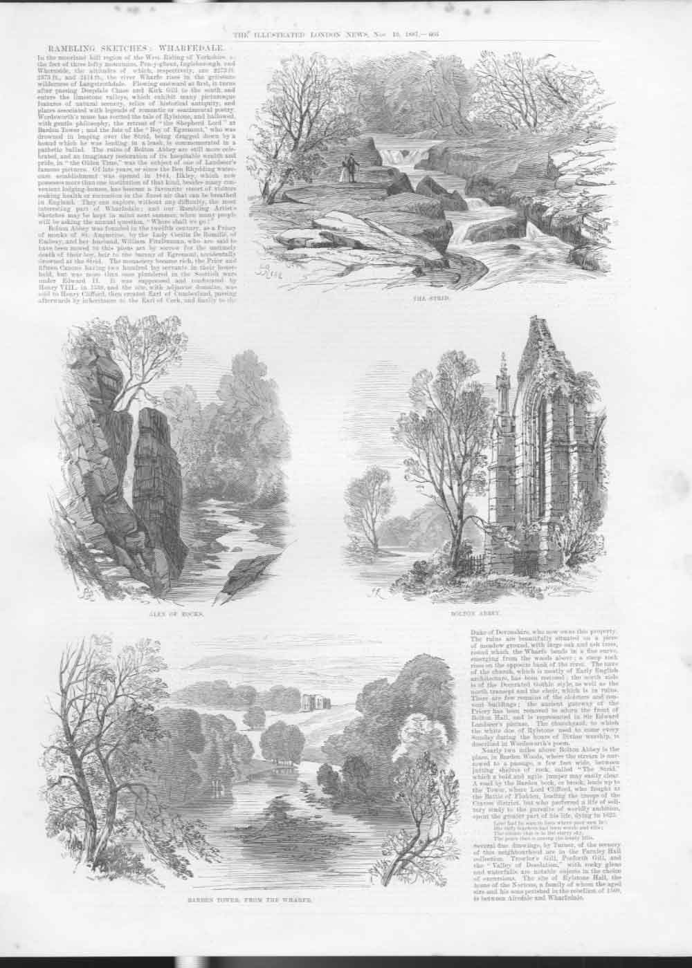 Original Old Antique Print Sketches Warfedale 1887 19th Century