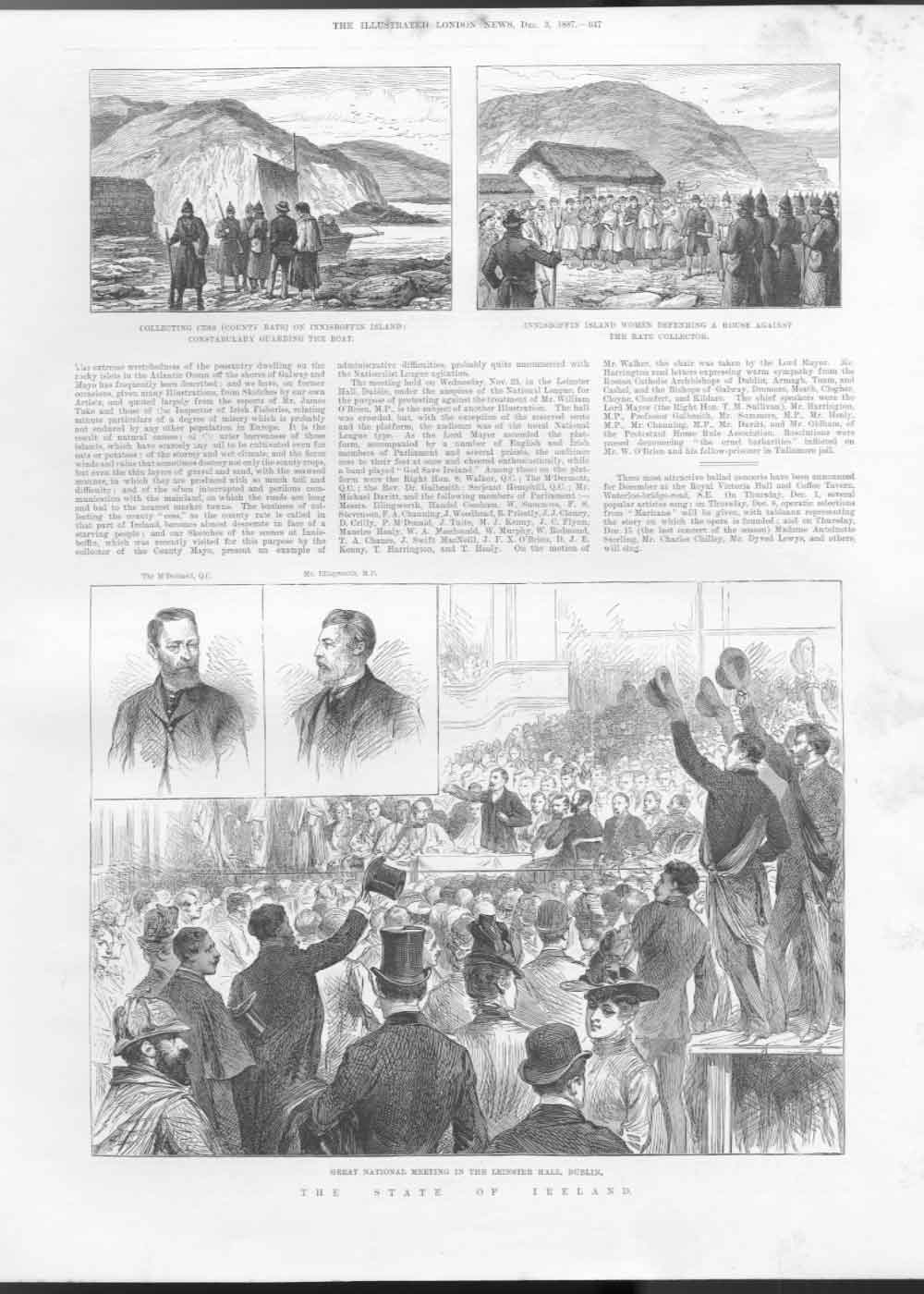 Original Old Antique Print Collecting Rates Innisboffin Galway & Leinster Hall