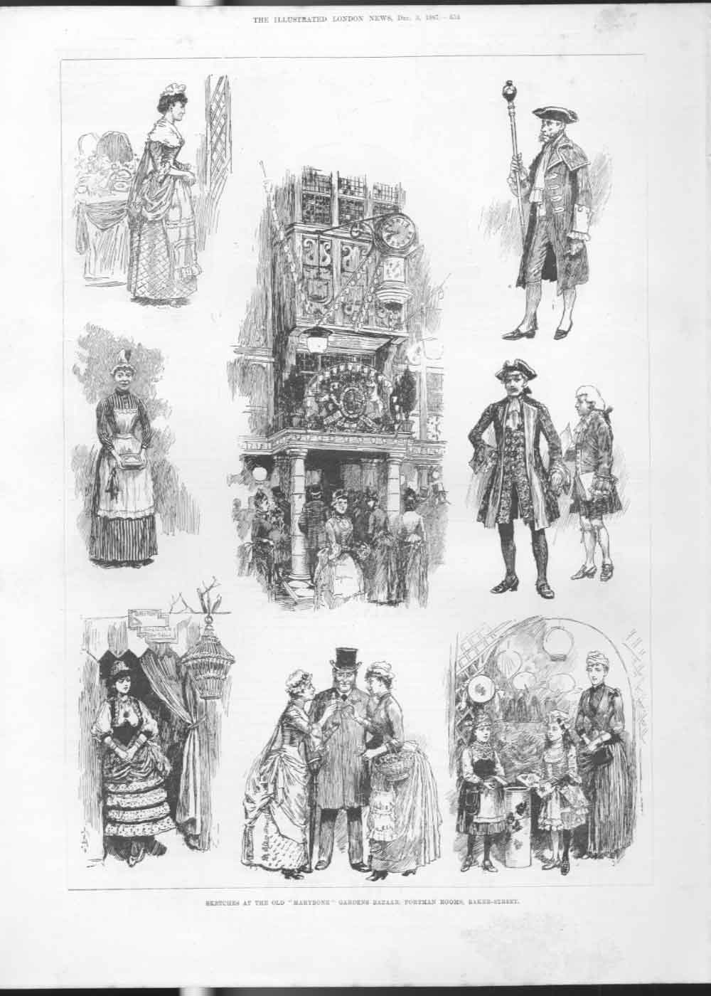 Original Old Antique Print Marybone Garden Bazaar Portman Room Baker St 1887