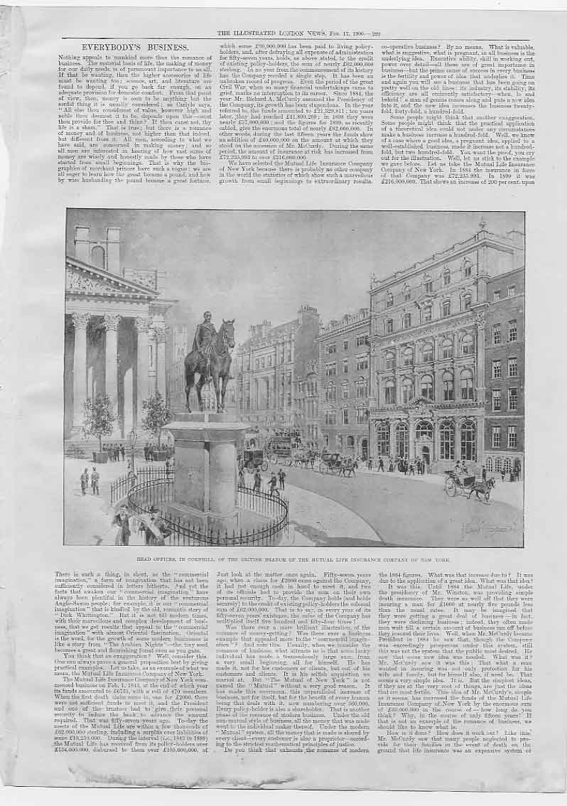 Original Old Antique Print Mutual Life Assurance New York London Office & Story