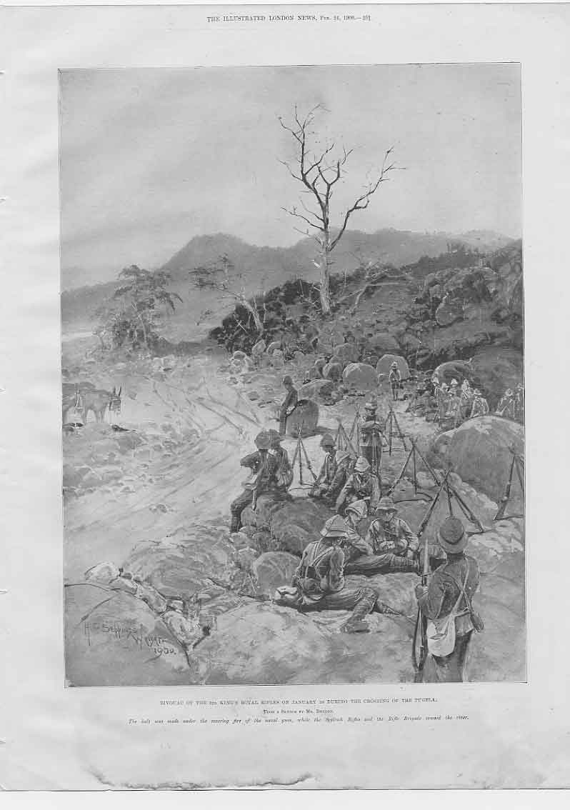 Original Old Antique Print 3Rd Kings Royal Rifles Crossing The Tugela Boer War