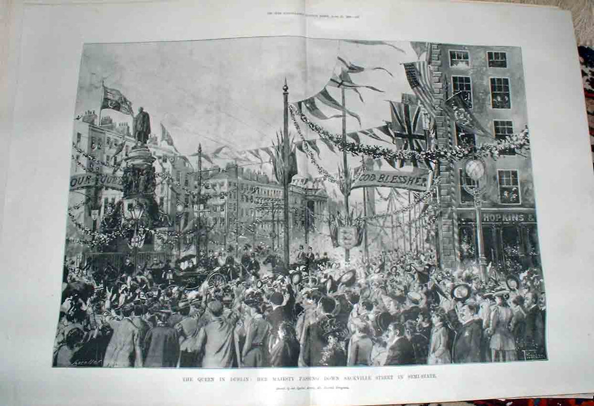 Original Old Antique Print Queen In Dublin Sackville Street Ireland