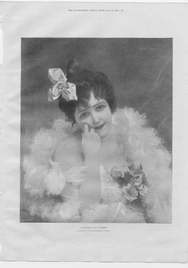 Original Old Antique Print Portrait A Brunette By Ferrier 1900 20th