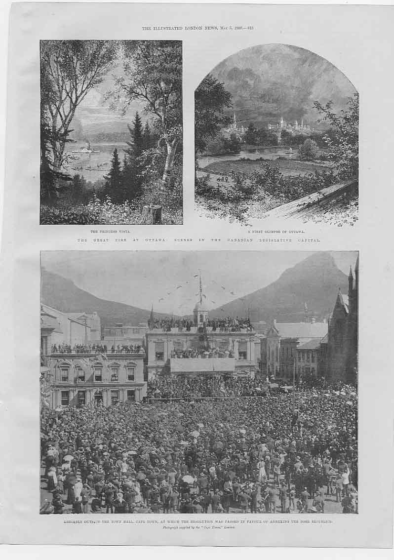 Original Old Antique Print Fire At Ottawa Canada Cape Town Resolution 1900 20th