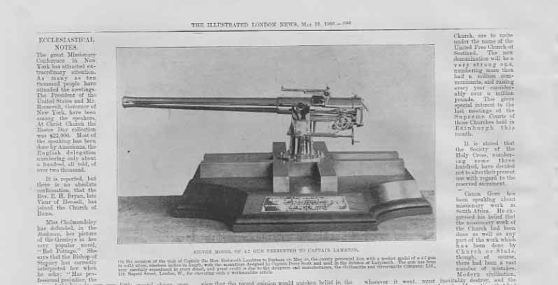 Original Old Antique Print Silver Model 4.7 Gun To Capt Lambton 1900