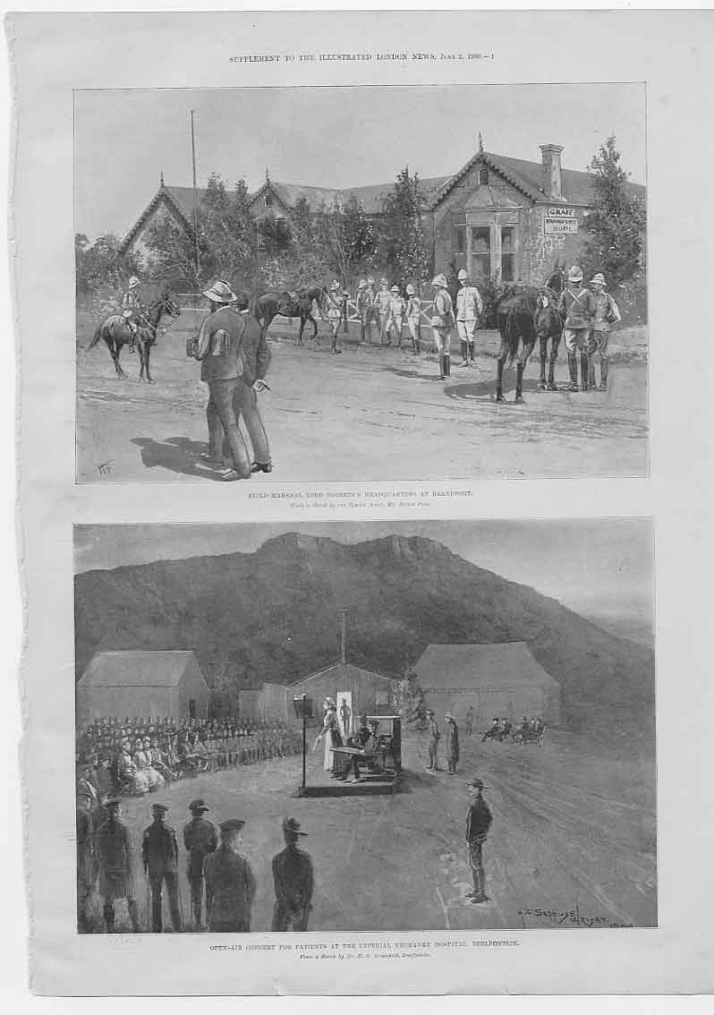 Original Old Antique Print Roberts Hq At Brandfort 1900 Boer War 20th