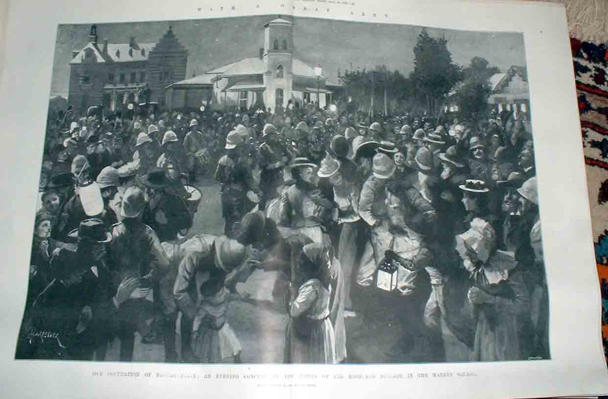 Old Antique Print Highland Pipers Play In Bloemfontein Market Square 1900 20th