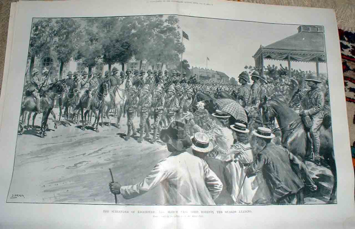 Original Old Antique Print Surrender Kroonstad Guards March Past 1900 Boer War