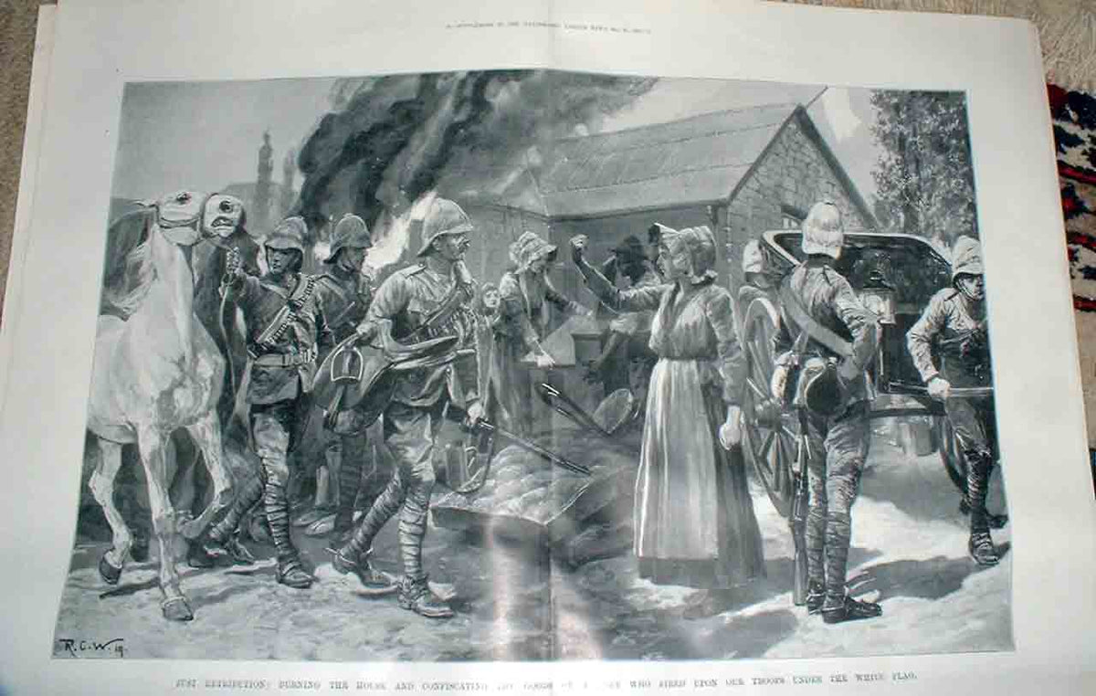 Original Old Antique Print Burning House Boer 1900 Boer War 20th