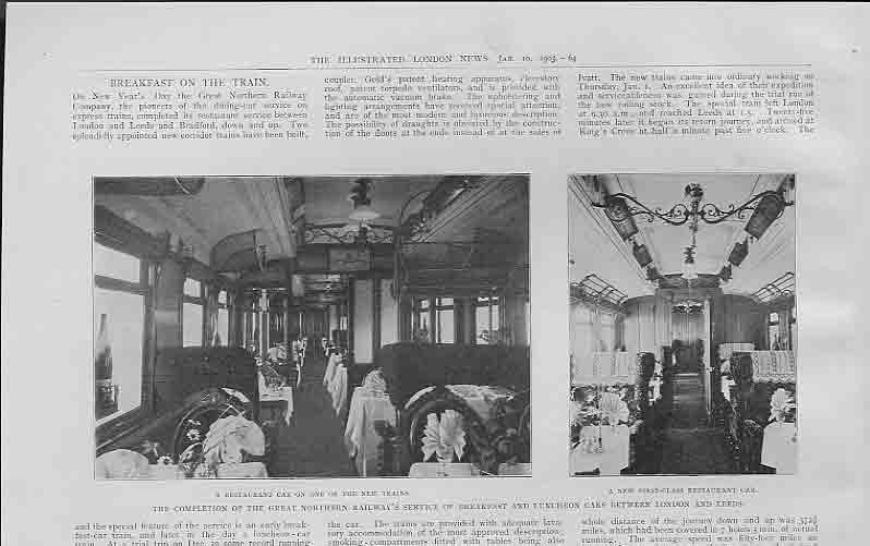 Original Old Antique Print Resturant Car On New Train Service 1903 20th Century