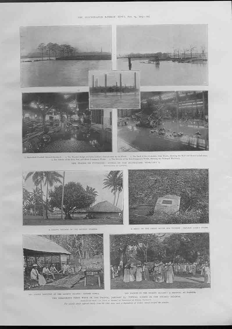 Original Old Antique Print Flods Clydeside Scotland & Tidal Wave Society Islands