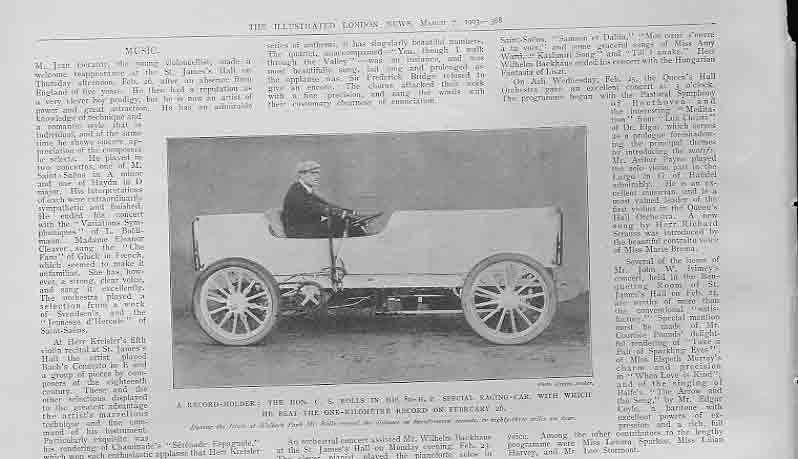 Original Old Antique Print Record Rolls In 80Hp Racing Car 1903