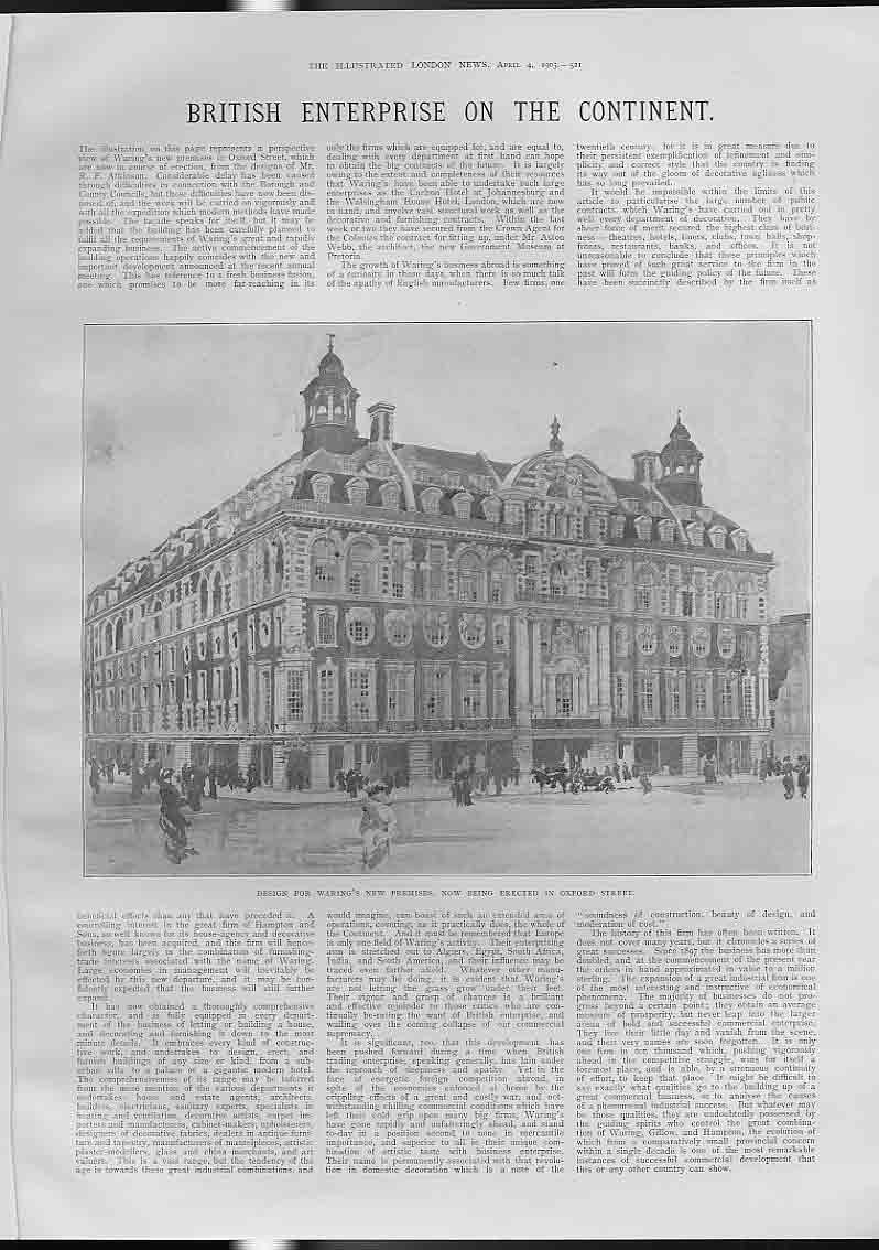 Original Old Antique Print Warings New Premises Oxford St London 1903 Stores