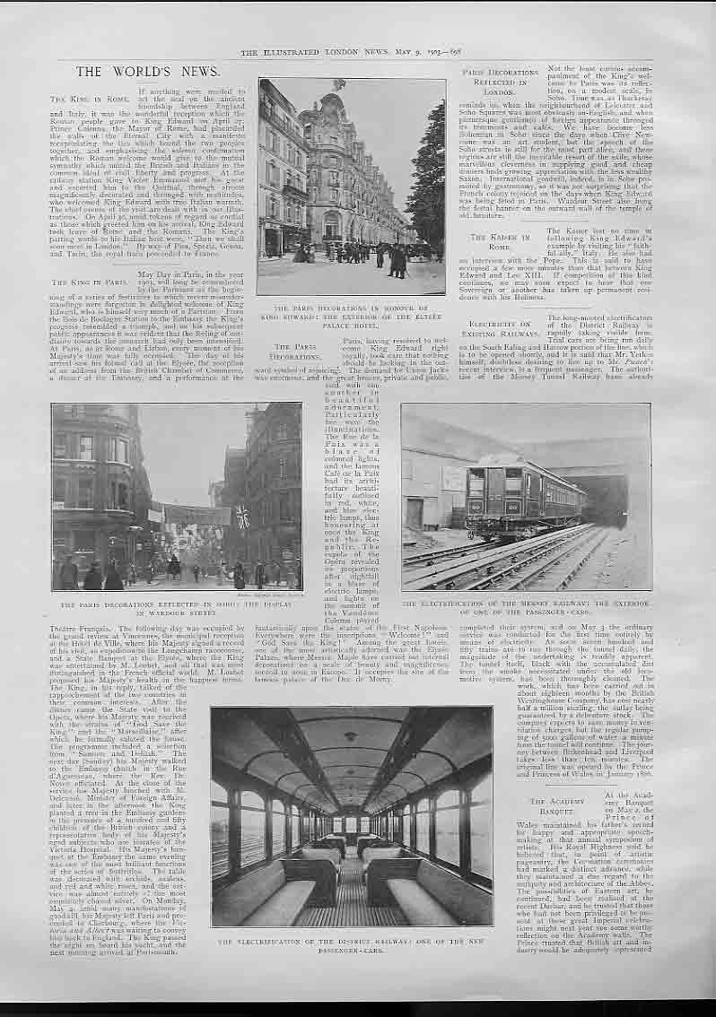 Original Old Antique Print Paris Decorations Electrification Mersey Railway 1903