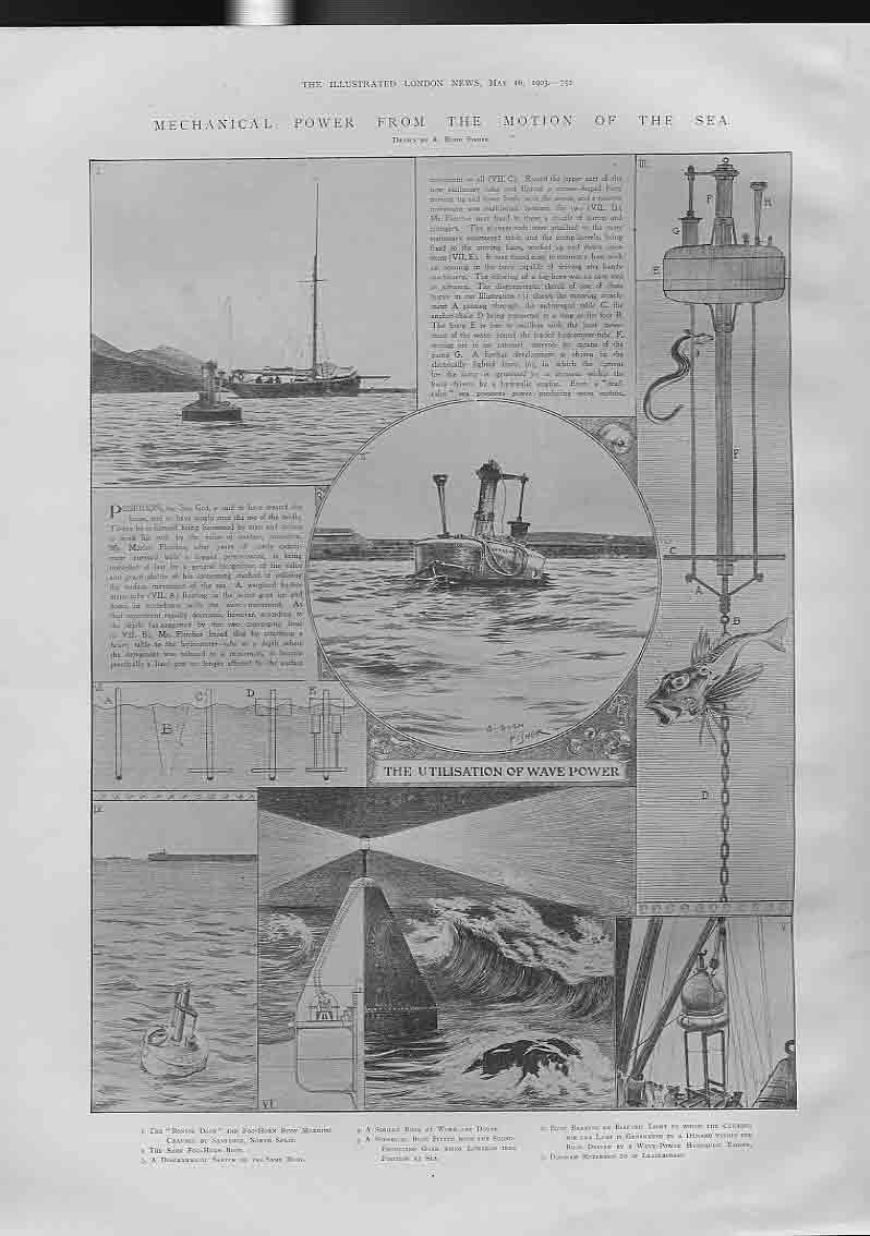 Original Old Antique Print Municipal Power Friom Motion Sea 1903 20th Century