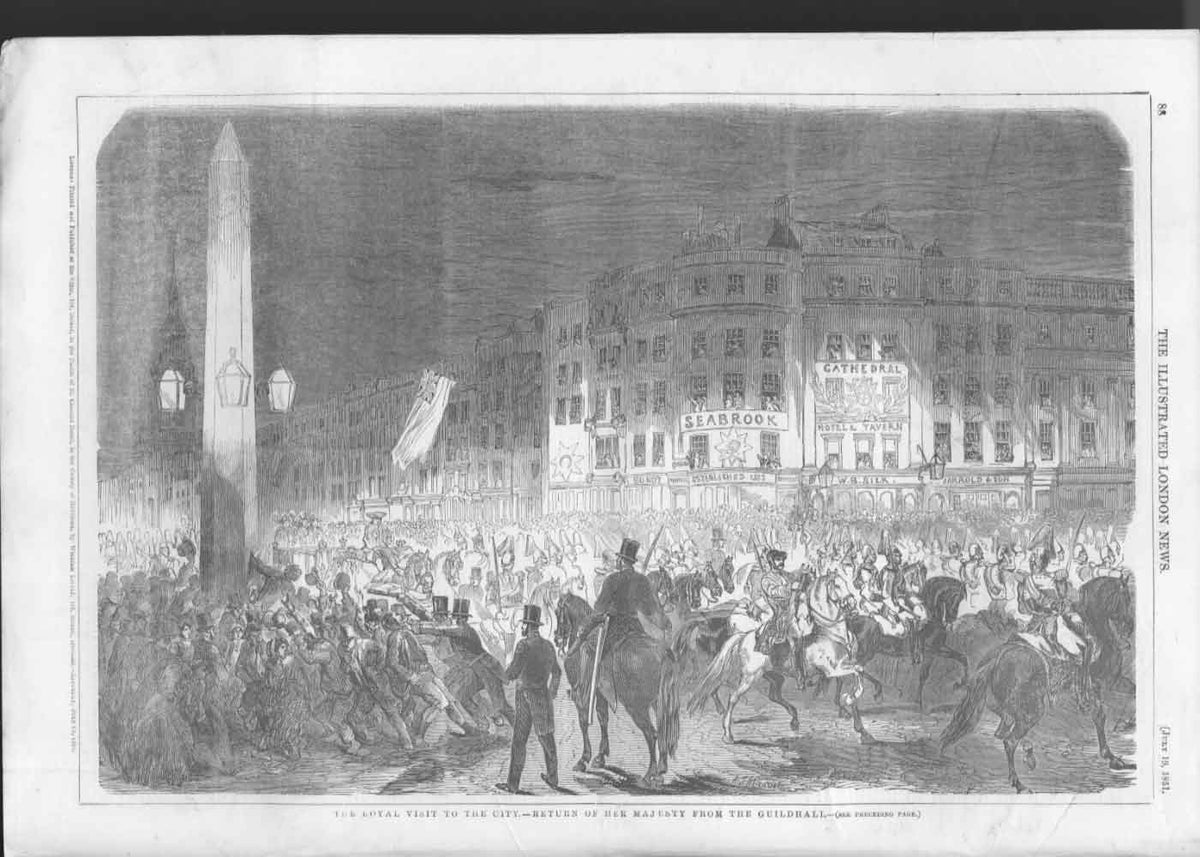Original Old Antique Print London City At Night 1851 19th Century