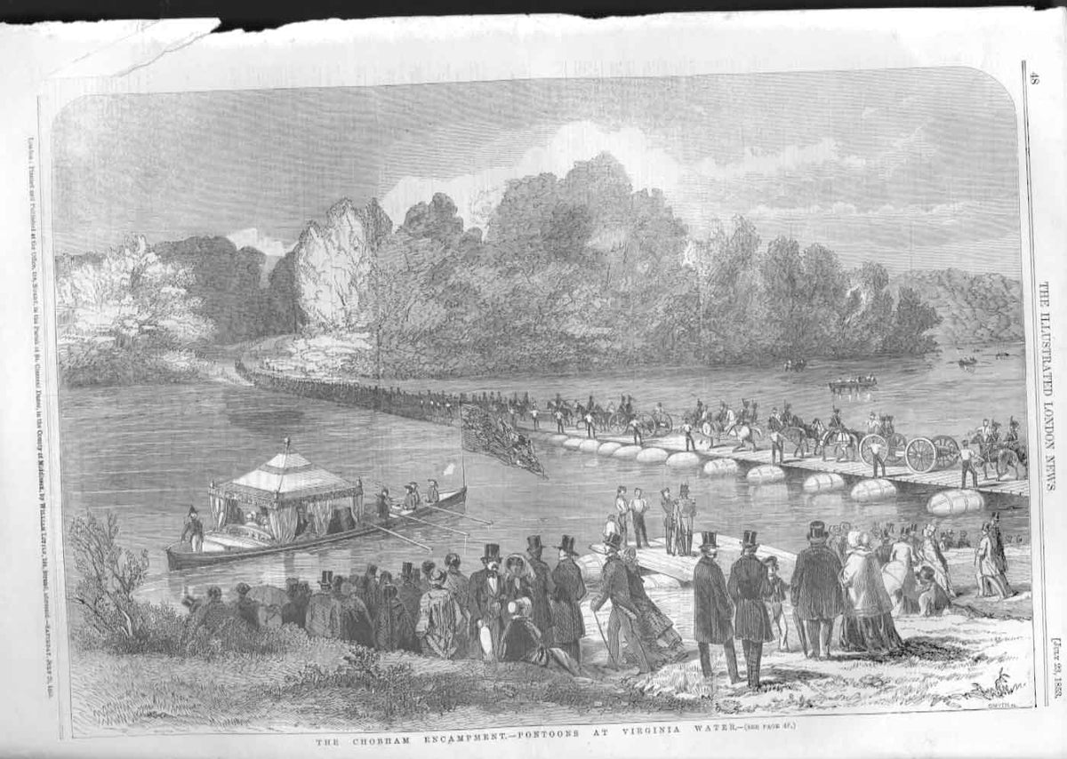 Original Old Antique Print Poontoon Bridge At Virginia Water 1853Victorian
