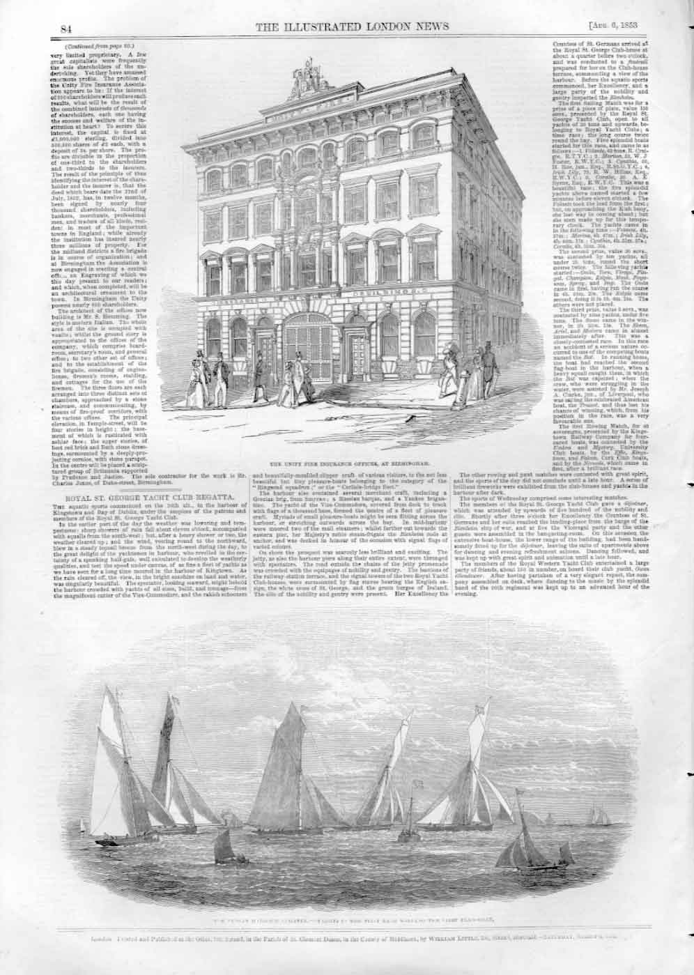 Original Old Antique Print Unity Fire Insurance Birmingham Dublin Bay Regatta