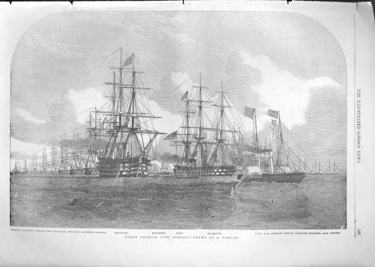 Original Old Antique Print Battle Ships Lines Abreast 1853 19th