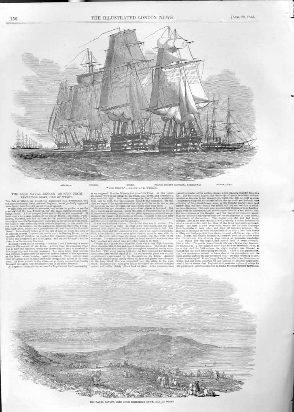 Original Old Antique Print Naval Review Seen From Isle Wight 1853 Ships 19th