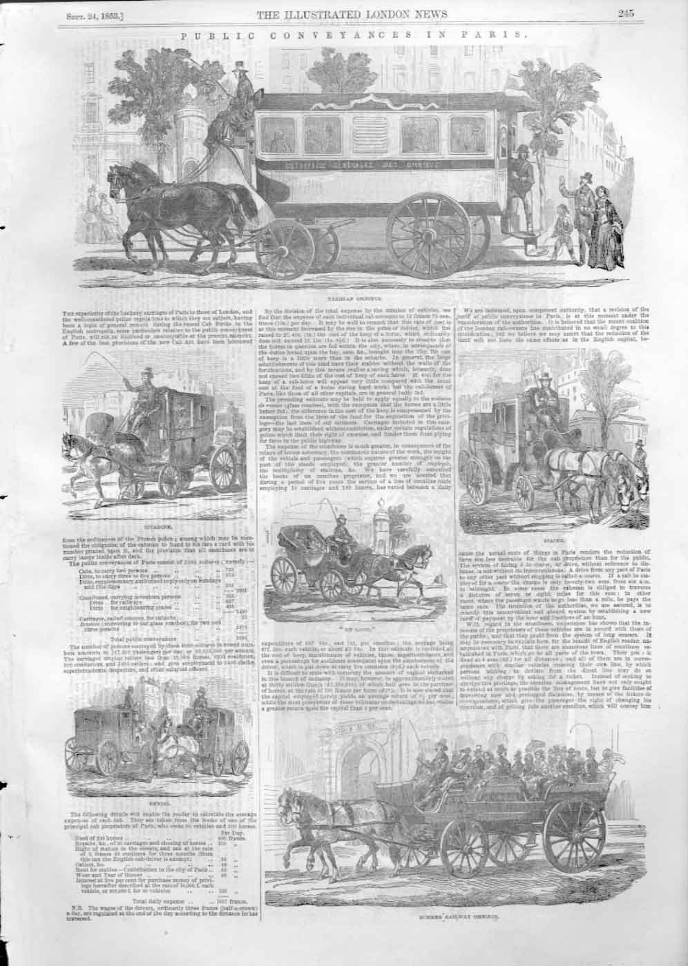 Original Old Antique Print Public Conveyances Paris 1853 France 19th