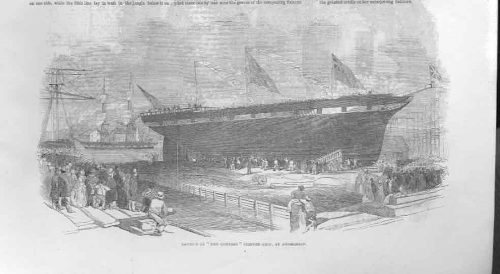 Old Antique Print Launch The Contest Clipper Ship At Androssan Scotland