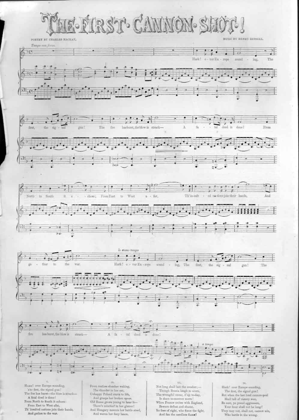 Original Old Antique Print Music First Cannon Shot By Mackey & Russel 1853
