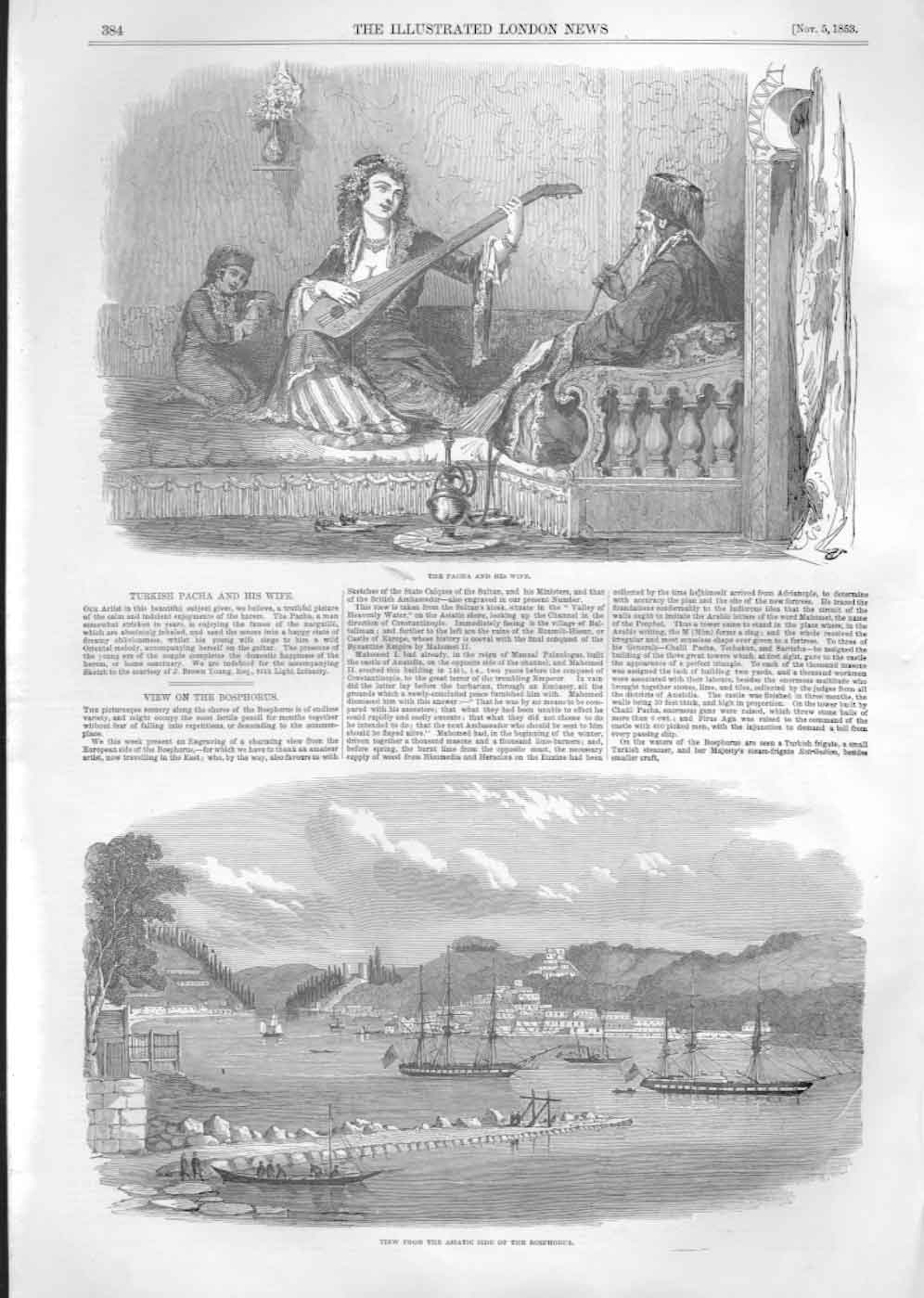 Original Old Antique Print The Pacha & His Wife View Thebosphorus 1853 19th