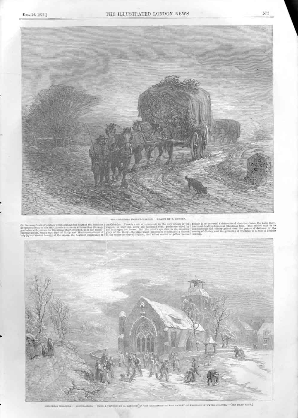 Original Old Antique Print Christmas Market Wagon Snowballing 1853Victorian