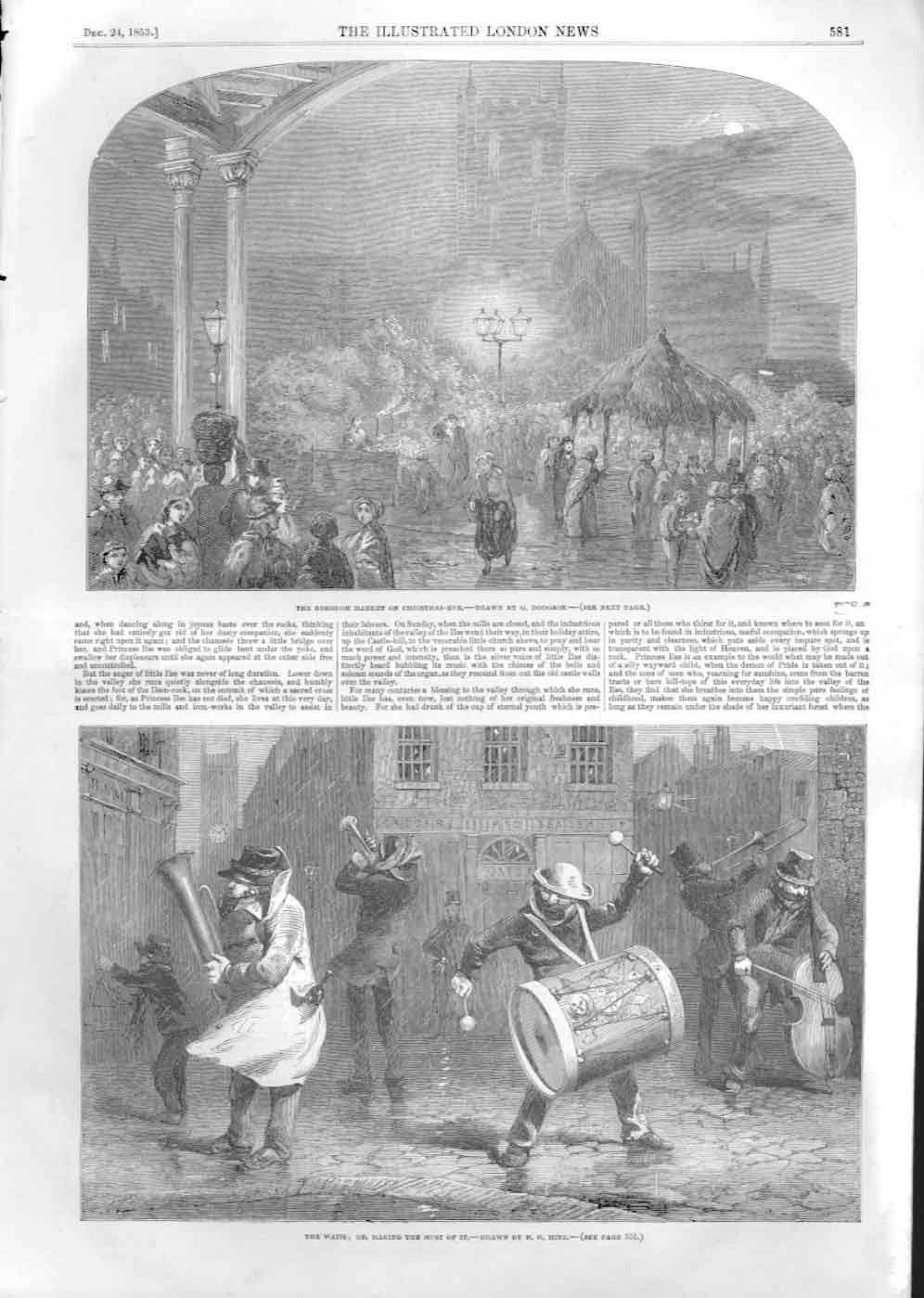 Original Old Antique Print The Waits Market On Christmas Eve 1853Victorian