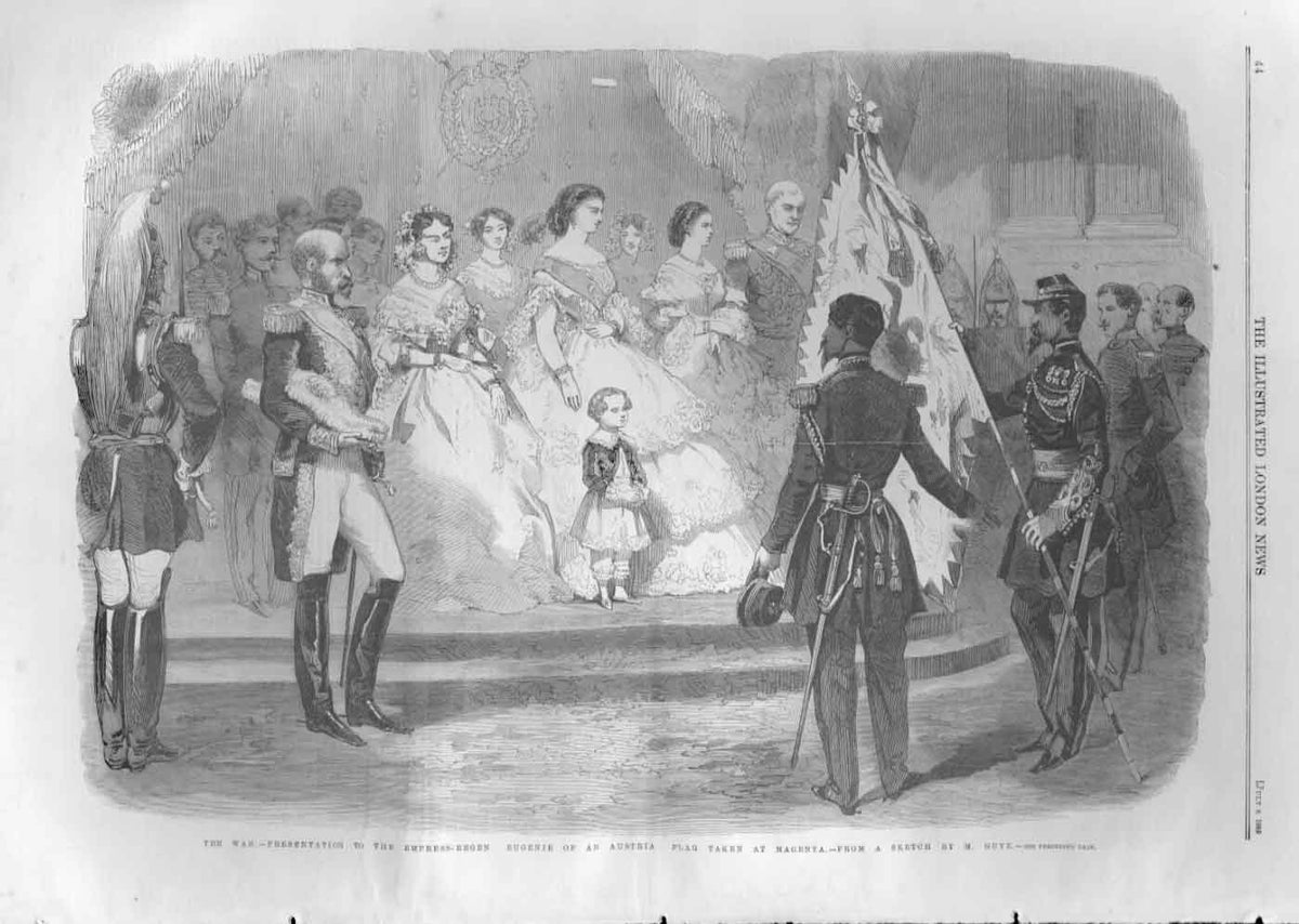 Old Antique Print Austrian Flag Taken At Magenta In Court Empress Regent