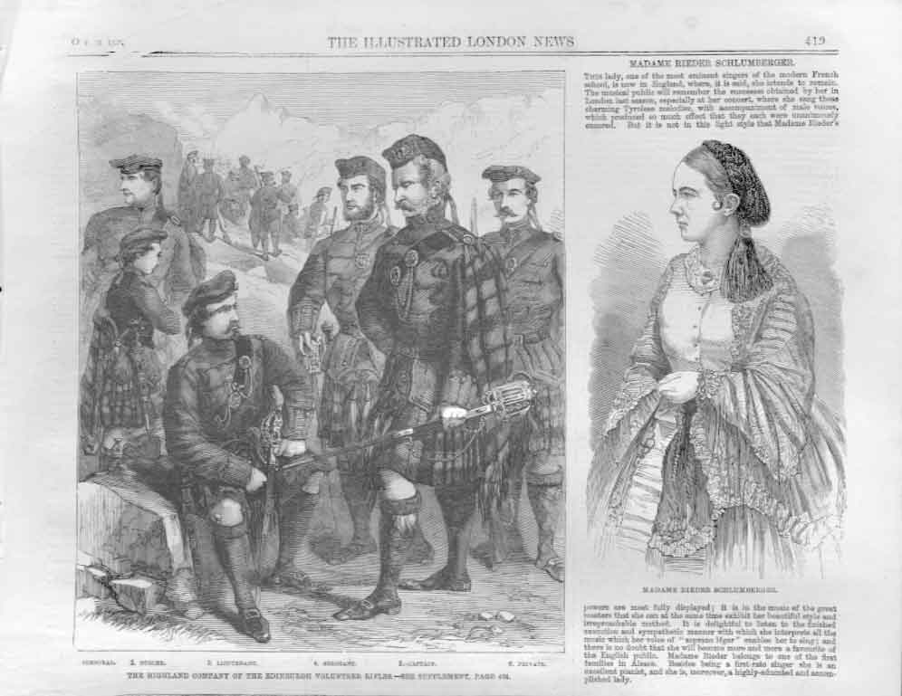 Original Old Antique Print Uniforms Highland Company Edinburgh Volunteers 1859