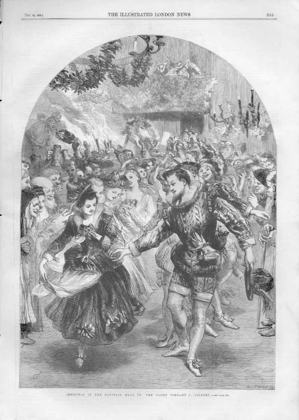 Original Old Antique Print Christmas In Baronial Hall In en Times By Gilbert 18