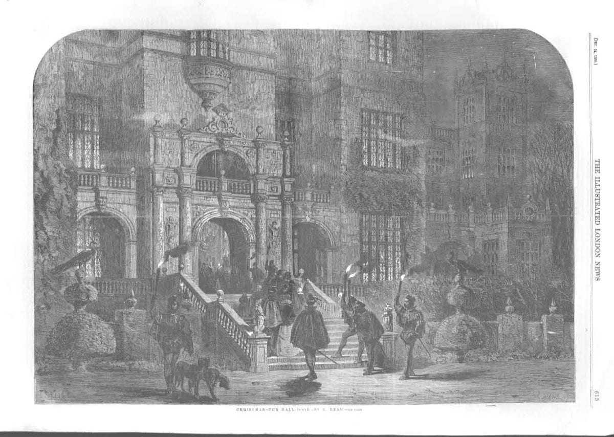 Original Old Antique Print Christmas At The Hall By Read 1859 19th