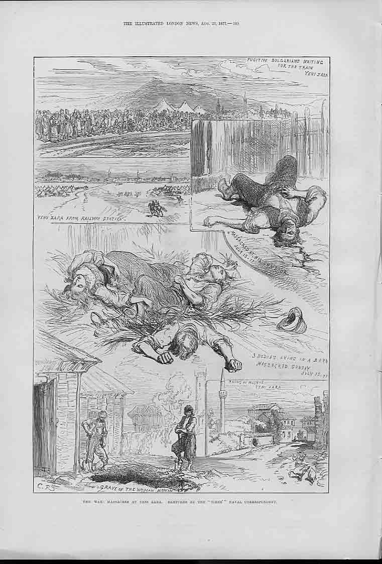 Original Old Antique Print War Massacres Yeni Zara 1877 Balkans 19th