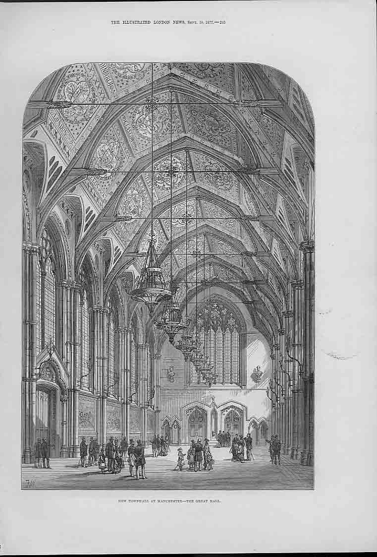 Original Old Antique Print The Great Hall Townhall Manchester 1877 A Victorian