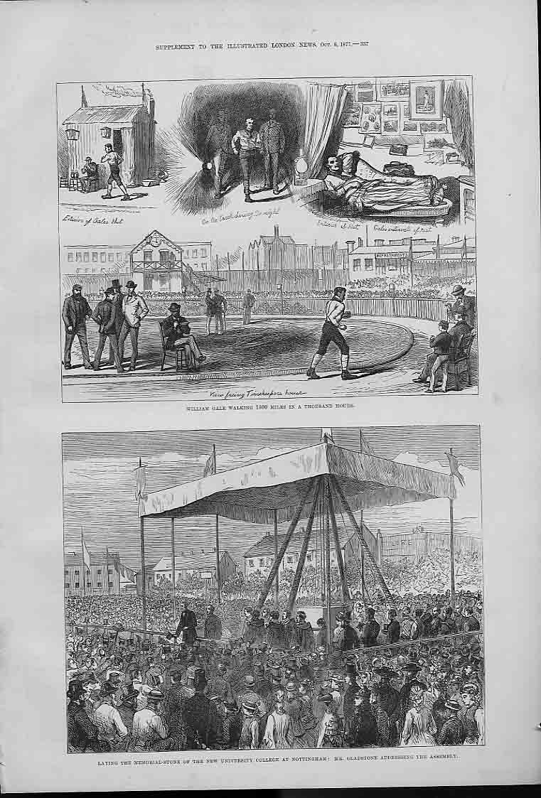 Original Old Antique Print W Gale Walkinmg 1500 Miles In 1000 Hours 1877 A