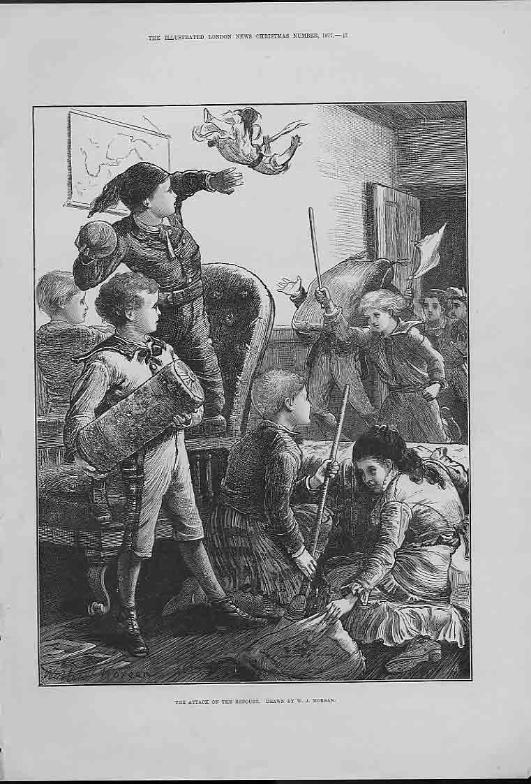Original Old Antique Print Children At Play Attack On The Redoubt Fine Art 1877