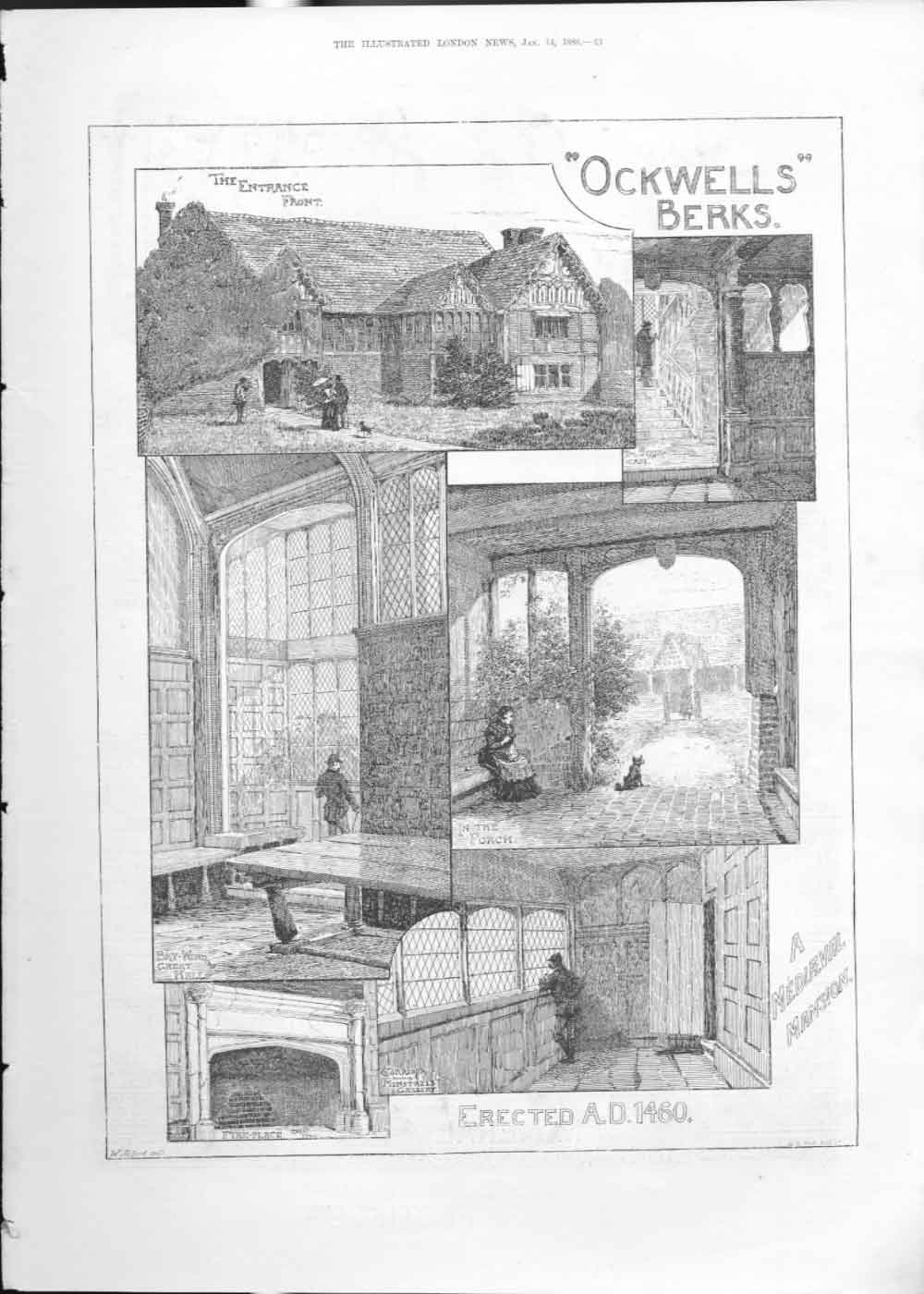 Original Old Antique Print Oakwell Berks Errected 1460 1888 0