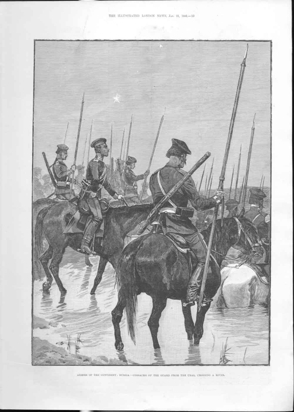 Original Old Antique Print Armies The Continent Cossacks On Guard 1888 19th
